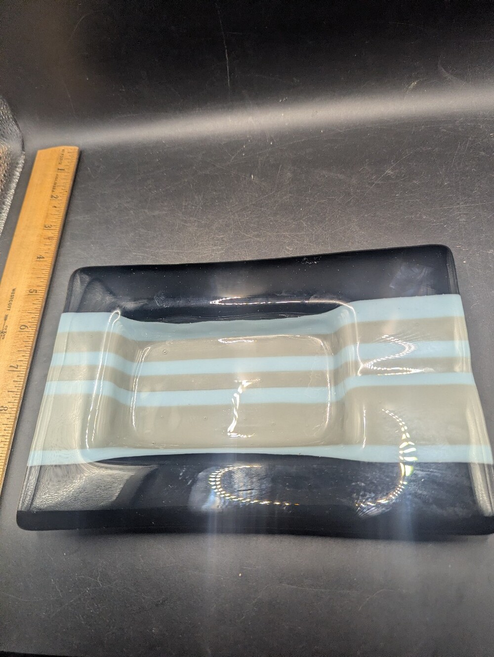 Fused Art Glass Rectangular Trinket/Soap Dish Blue, Gray and Black 8.5"